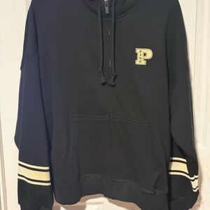 PINK Victoria's Secret Black Zip-Up Varsity Hoodie with Cream Stripes